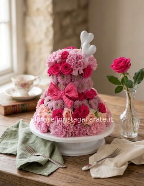 torta floreale di due piani preparata con roselline e garofani.